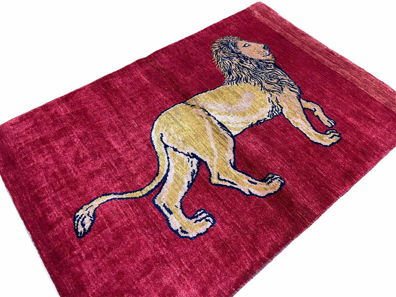 3 X 5 Handmade Hand-Knotted Rug Quality Wool Pictorial Lion Red Organic Dyes