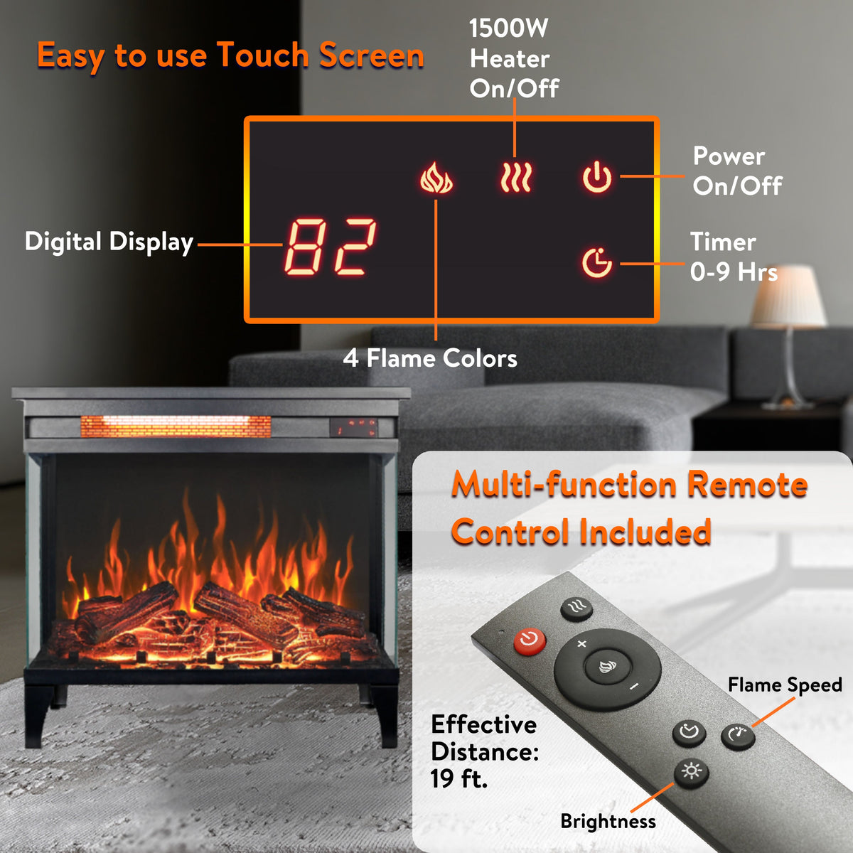 24 Inch Three-Sided Glass Electric Fireplace, photo 5 of 10