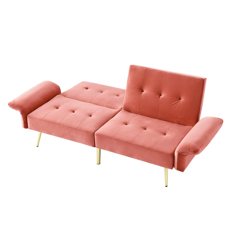 78" Italian Velvet Futon Sofa Bed, Convertible Sleeper Loveseat Couch with Folded Armrests and Storage Bags for Living Room and Small Space, Pink 280g velvet