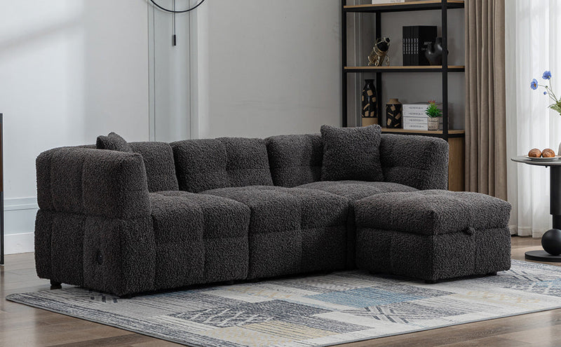 87.7" Sectional Sofa Cozy Teddy Fleece Fabric Sectional Sofa Couch with Two USB Ports a Movable Storage Ottoman and Two Lumbar Pillows for Living Room, Gray