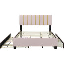 Queen Size Upholstered Platform Bed with 2 Drawers and 1 Trundle, Classic Metal Strip Headboard Design, Pink