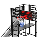 Loft Bed With Built In Desk, Open Wardrobe, Basketball Hoop, Slide And Staircase