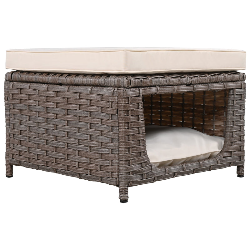 5 Pieces Outdoor Patio Furniture Set with Pet House Cool Bar and Retractable Side Tray, Rattan Wicker Patio Swivel Rocking Chairs Set of 2 with Ottomans for Backyard, Porch, Balcony, Beige