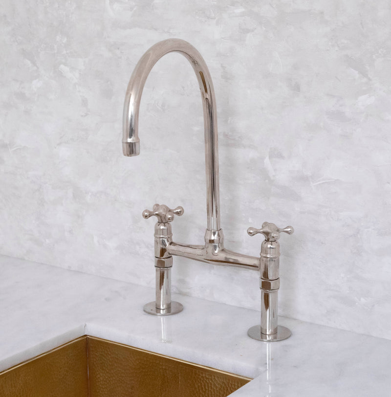 Elegant Unlacquered Brass Bridge Faucet with Sleek Nickel Finish - BRASSMA