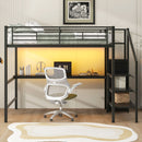 Full Size Loft Bed With Desk, Storage Staircase, Small Wardrobe And LED Light - Black by HouseOfZazla