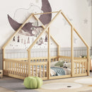 Wood House-Shaped Floor Bed With Fence, Guardrails by HouseOfZazla