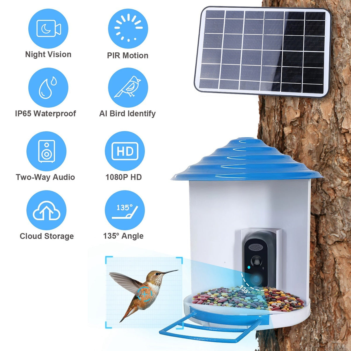 Smart Bird Feeder with Solar Powered Camera 1080P HD AI Identify PIR Motion Auto Capture Video Cloud Card Storage WiFi Connection App Control IP65 Wat, photo 11 of 14