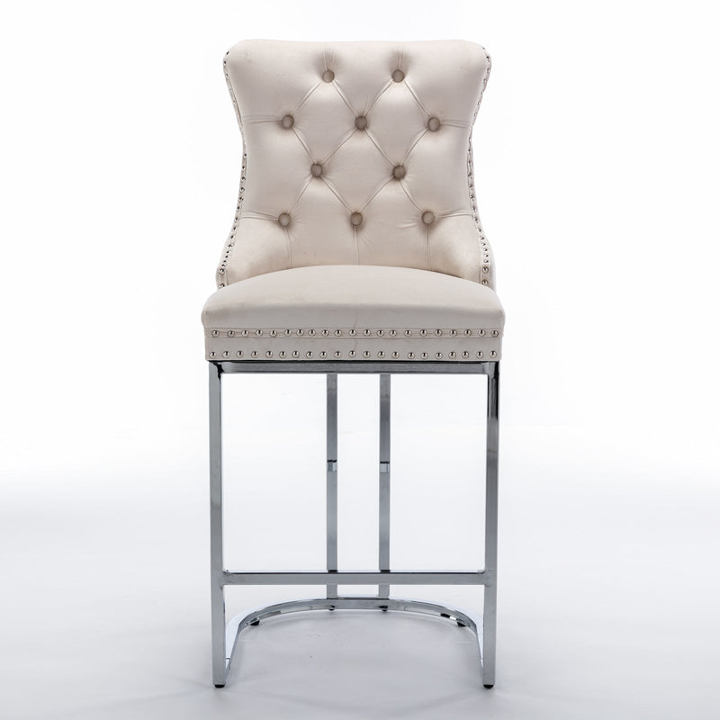 26" Counter Height Bar Stools Set of 2, Modern Velvet Barstools with Button Back&Rivet Trim Upholstered Kitchen Island Chairs with Sturdy Chromed Metal Base Legs Farmhouse Bar Stools, (Beige, 2 Pack)