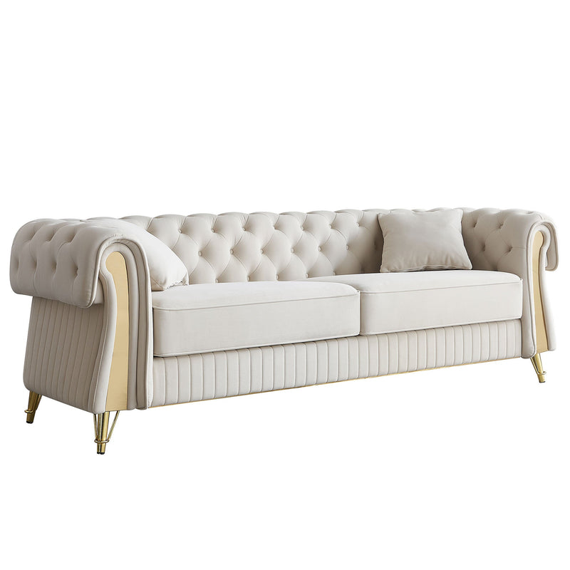 89''W Chesterfield Modern Tufted Velvet Living Room Sofa with Two Seat Cushions and Two Toss Pillows,Beige