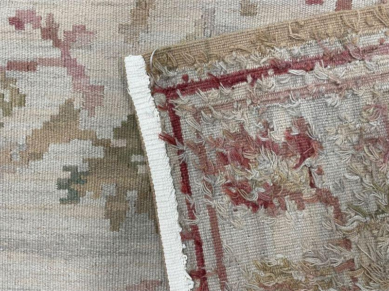 9x12 Flatweave Aubusson Needlepoint Rug, New, Beige, Tan, Green, Handmade, Hand-Knotted Area Rug, French European Carpet, Flowers