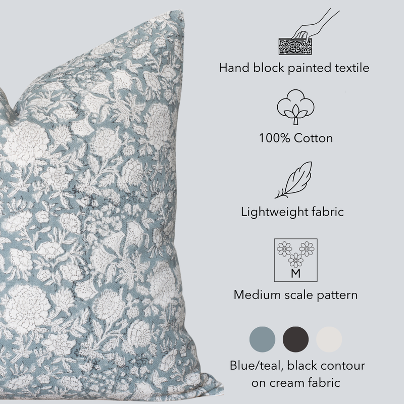 Chloe Floral Block Printed Pillow Cover | Blue