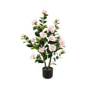 38 Inch Artificial Camellia Tree Faux Flower Plant in Cement Pot by LJGDeals