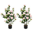 38 Inch Artificial Camellia Tree Faux Flower Plant in Cement Pot 2 Pack by LJGDeals