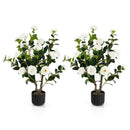 38 Inch Artificial Camellia Tree Faux Flower Plant in Cement Pot 2 Pack by LJGDeals