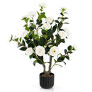 38 Inch Artificial Camellia Tree Faux Flower Plant in Cement Pot by LJGDeals