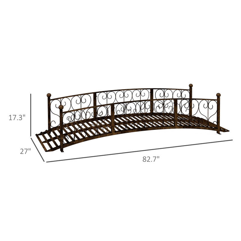 7' Metal Arch Garden Bridge with Safety Siderails, Decorative Arc Footbridge with Delicate Scrollwork "S" Motifs for Backyard Creek, Stream, Fish Pond, Bronze