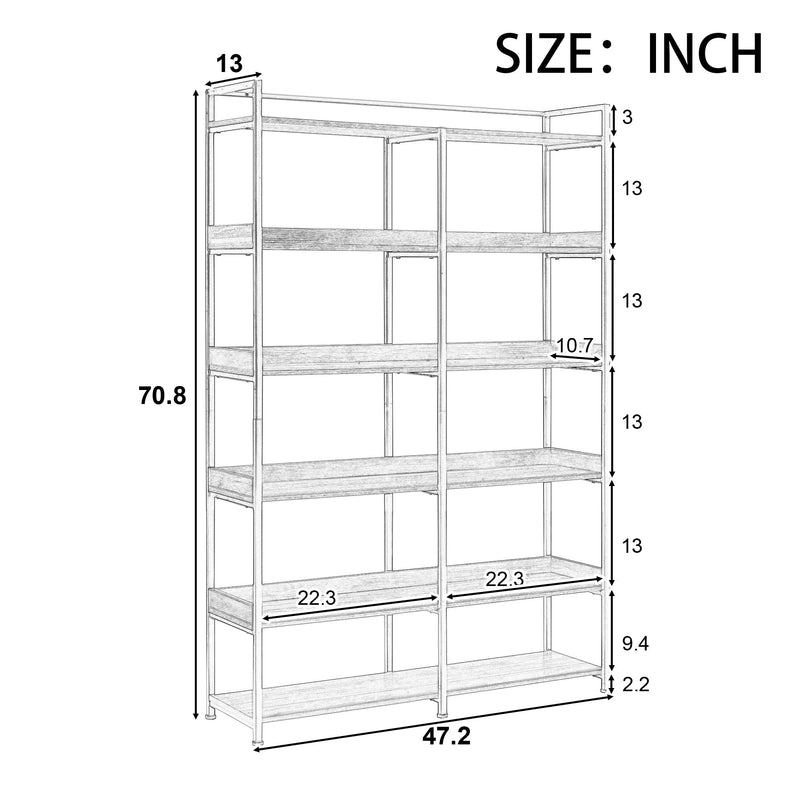 70.8 Inch Tall Bookshelf MDF Boards Stainless Steel Frame, 6-tier Shelves with Back&Side Panel, Adjustable Foot Pads, Brown