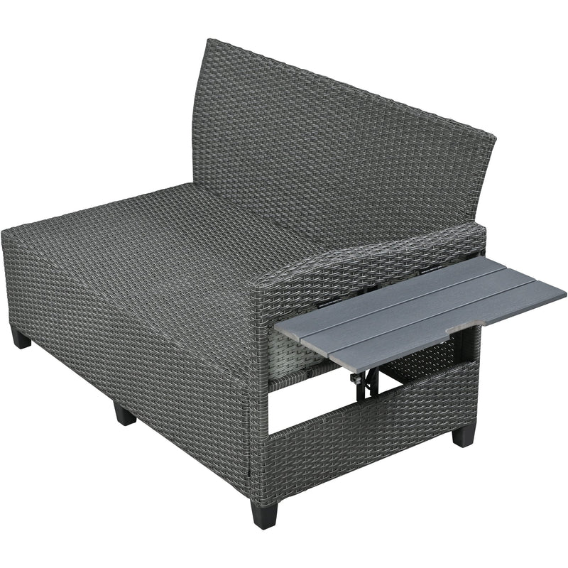 5-Piece Outdoor Patio Rattan Sofa Set, Sectional PE Wicker L-Shaped Garden Furniture Set with 2 Extendable Side Tables, Dining Table and Washable Covers for Backyard, Poolside, Indoor, Gray