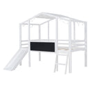 Loft House Bed With Ladder And Slide, With board And Light Strip On The Roof
