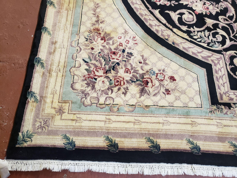 8x10 Aubusson Rug, Fine Hand Knotted Wool Carpet, French European Design, Black & Ivory
