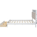 Wood Queen Size Platform Bed with Upholstered Headboard and LED and 2 Drawers, Antique White