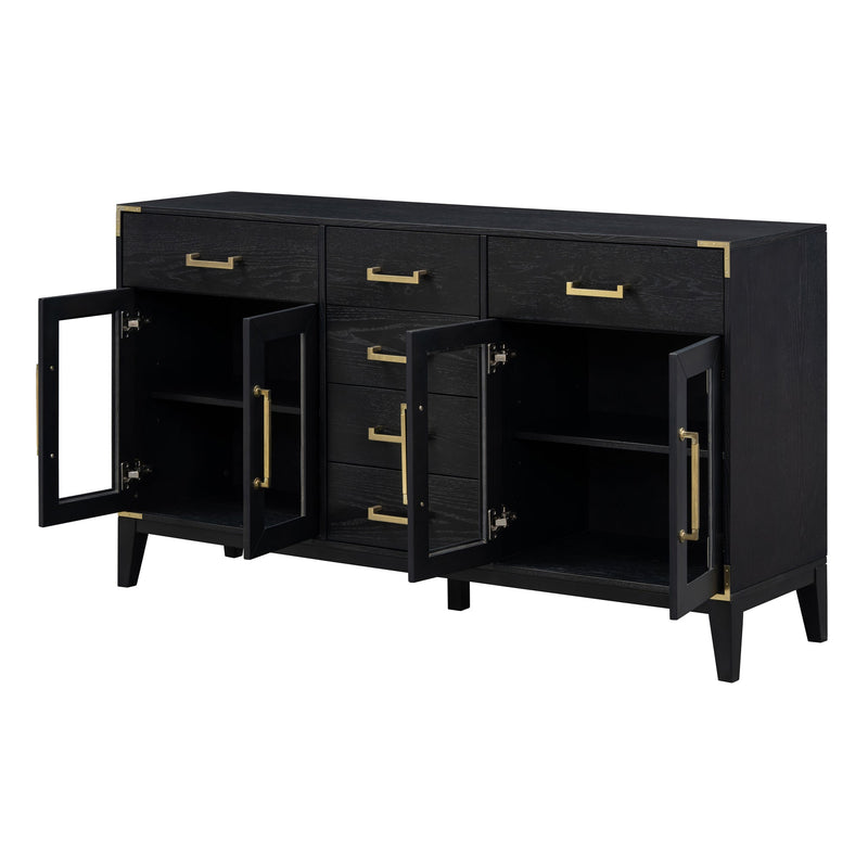 6-drawer and 2-Cabinet Retro Sideboard with Extra Large Storage Space, with Gold Handles and Solid Wood Legs, for Kitchen and Living Room (Black)