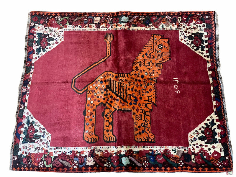5 X 6 Handmade Rug Zagros Quality Wool Rug Lion Organic Dyes Red Leopard Tribal