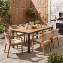 7-Piece Outdoor Dining Set, Acacia Wood Table & 6 Acacia Wood Rope Chairs