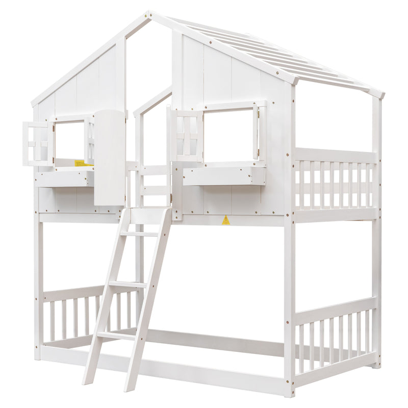Twin over Twin House Bunk Bed with Roof, Window, Window Box, Door, with Safety Guardrails and Ladder, White