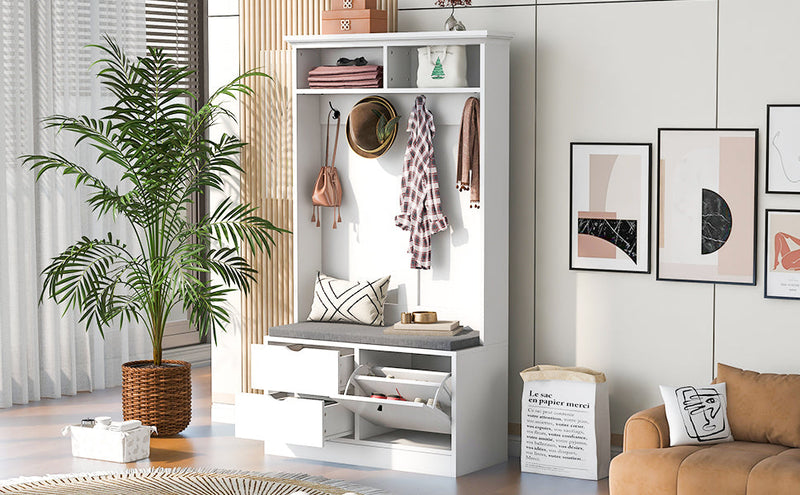 5-in-1 Entryway Bench with Coat Rack, Cushion and 4 Sturdy Hooks, 40.6" Wide Hall Tree with Shoe Storage Bench for Hallway, Entryway, Living Room