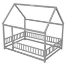 Floor Wooden Bed With House Roof Frame, Fence Guardrails by HouseOfZazla