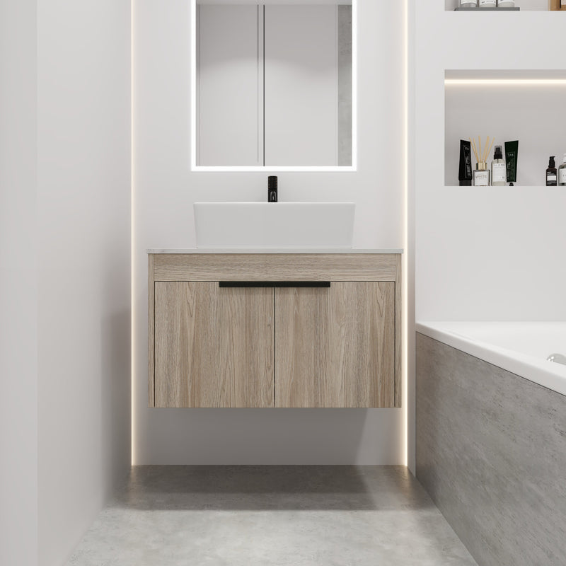 30" Modern Design Float Bathroom Vanity With Ceramic Basin Set, Wall Mounted White Oak Vanity With Soft Close Door, KD-PackingD-Packing Pieces