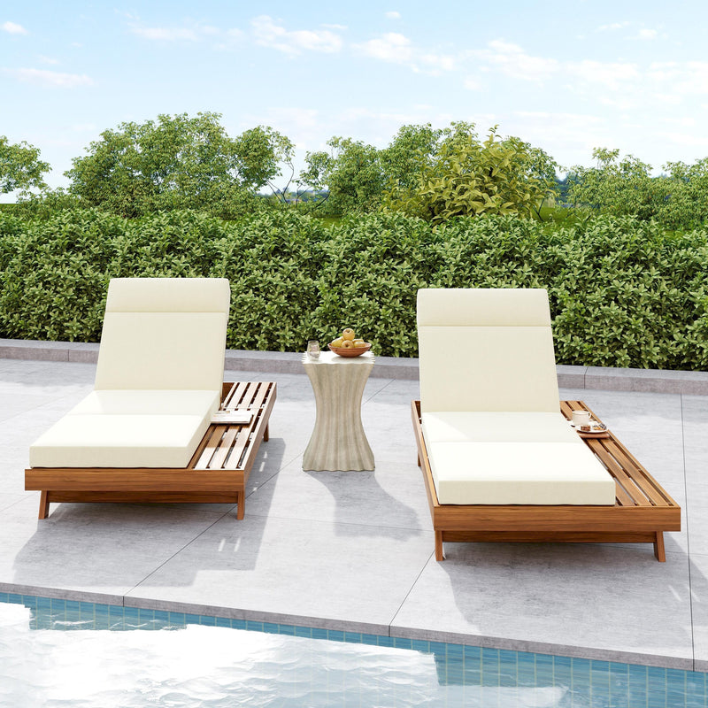 Acacia Wood Lounge Chaise Set with Headrest and Water-Resistant Cushions in Beige
