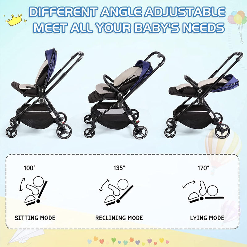 Foldable Compact Travel Strollers 5-Point Harness Infant Stroller w/ Reversible Handle, Adjustable Canopy & Backrest