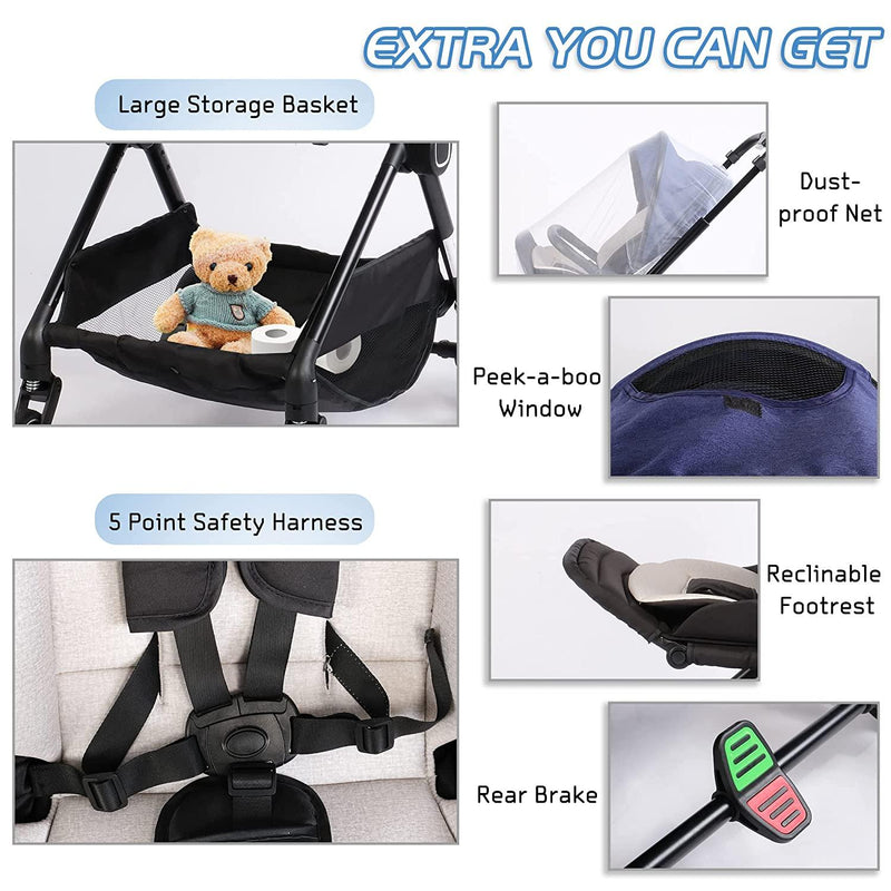 Foldable Compact Travel Strollers 5-Point Harness Infant Stroller w/ Reversible Handle, Adjustable Canopy & Backrest