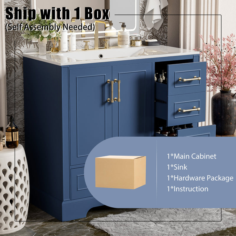 36' Traditional Bathroom Vanity with Ceramics Sink , Blue Bathroom Cabinet with Two Soft Close Doors and Four Drawers(Old sku:SV000026AAC)