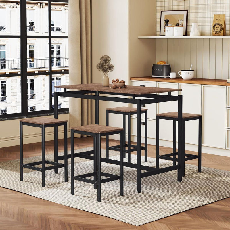 5-Piece Compact Bar Table Set with Table and Stools - Modern Industrial Design, Space-Saving Furniture for Dining Room and Breakfast Nook (Dark Brown)