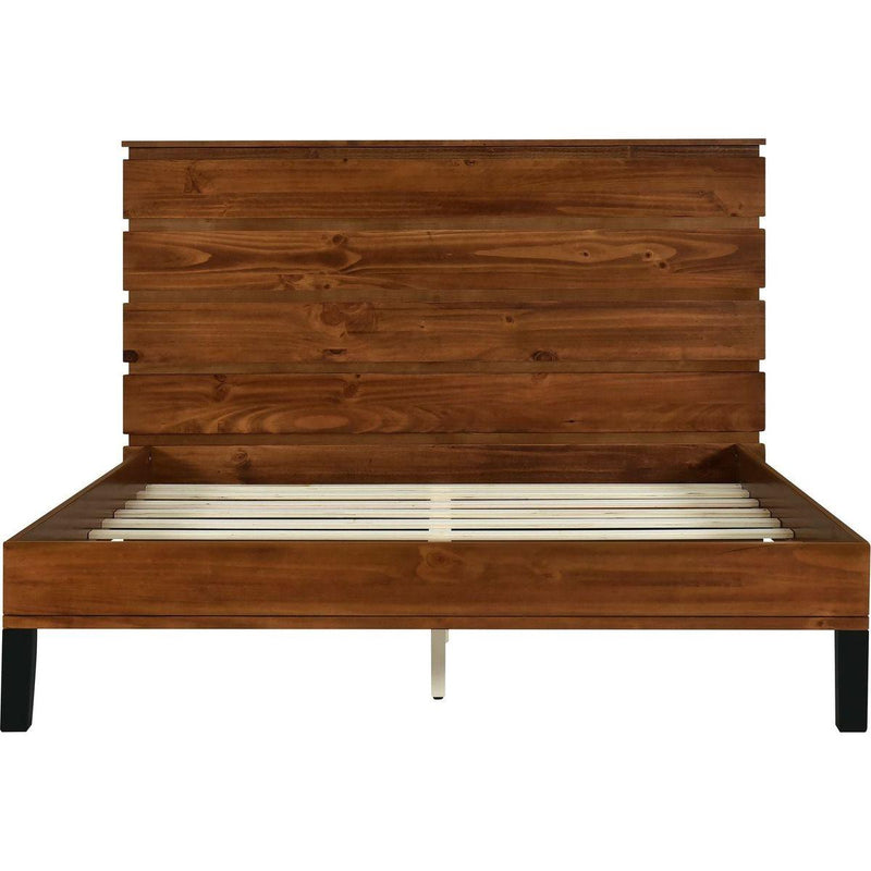 Mid-Century Modern Solid Wood Bed Frame Queen Size Platform Bed with Six-Piece Headboard Design, No Box Spring Needed, Brown