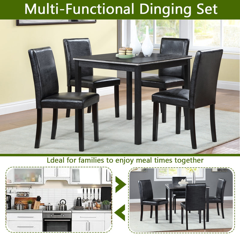 5 Piece Wooden Dining Table Set, Kitchen Table Set with a Square Table and 4 Upholstered Chairs, Wooden Dining Room Table with Crystal Decoration and Chairs Set for Kitchen, Dining Room, Black