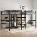 Twin Over Twin Metal Loft Bed with Double Desk and Wardrobe and Shelves with Electrical Outlet for Space Saving and Noise Reduction, woodgrain