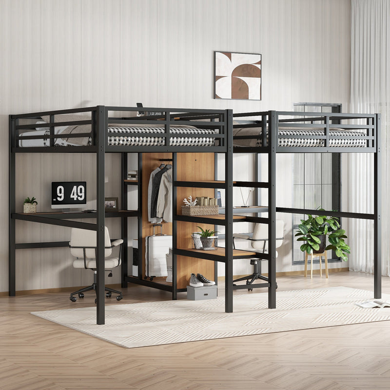 Twin Over Twin Metal Loft Bed with Double Desk and Wardrobe and Shelves with Electrical Outlet for Space Saving and Noise Reduction, woodgrain