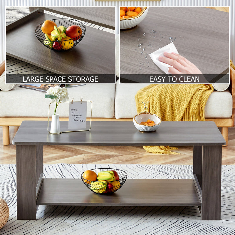A modern and practical gray textured coffee table,tea table.Double layered coffee table made of MDF material,. Suitable for living room,bedroom and study room. 43.3"x21.6"x16.5" CT-16