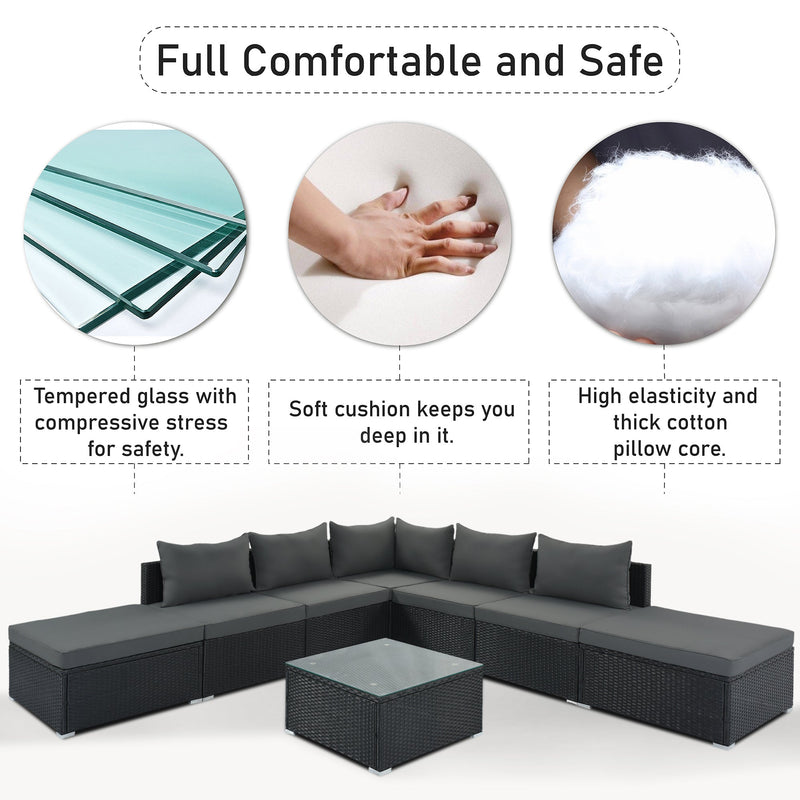 8-Pieces Outdoor Patio Furniture Sets, Garden Conversation Wicker Sofa Set, Single Sofa Combinable, Gray Cushions Black Wicker