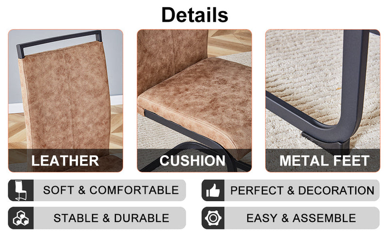 A modern and practical circular dining table. Made of MDF tabletop and wooden MDF table legs. 4-piece technology cloth high backrest cushion side chair, C-shaped tube black metal legs.