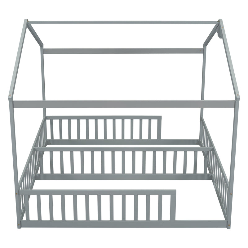 Double Twin House-Style Floor Bed with Fence, Guardrails, without door, Grey(Old Sku:W504P143316)