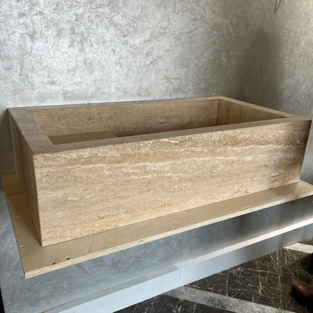 Travertine Handcrafted Custom Bathroom Sink with Natural Veining, photo 3 of 12
