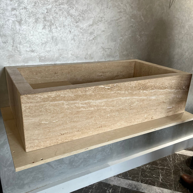 Travertine Handcrafted Custom Bathroom Sink with Natural Veining, photo 3 of 12