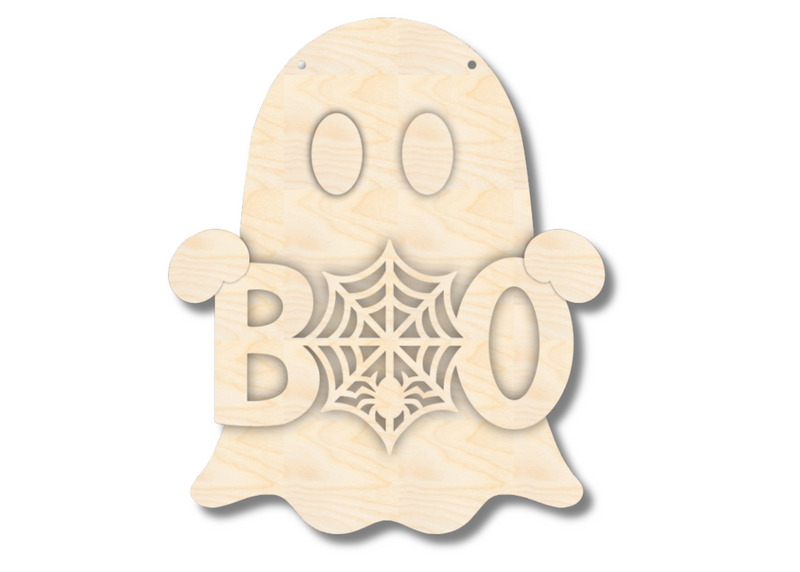 Unfinished Wood Ghost Holding Boo Door Sign Kit | Wood Craft Cutouts | 1/4" Thick |