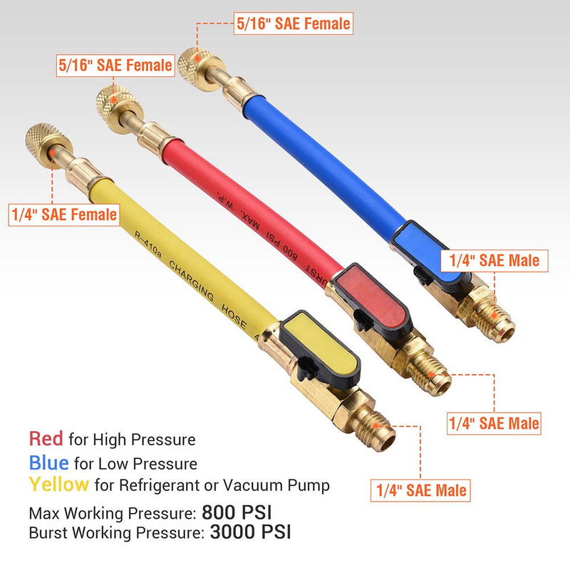 Yescom AC R410A 1/4" Refrigerant Charging Hoses 3 Ball Valves Set