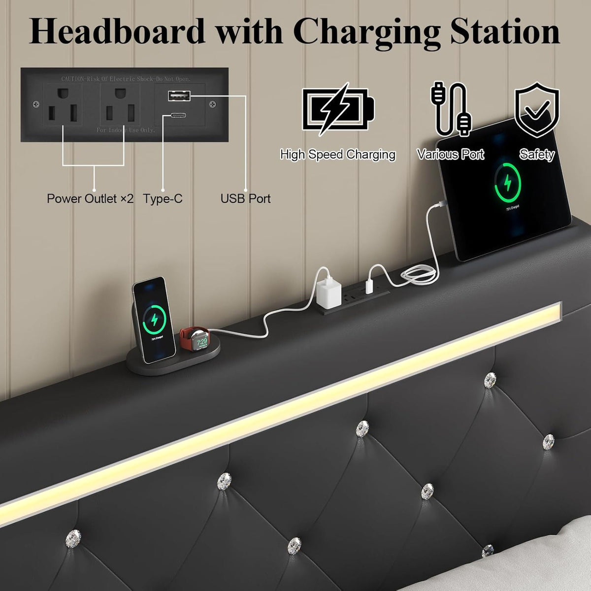 Upholstered Bed Frame With LED Lights, 4 Storage Drawers, Charging Station, photo 8 of 31